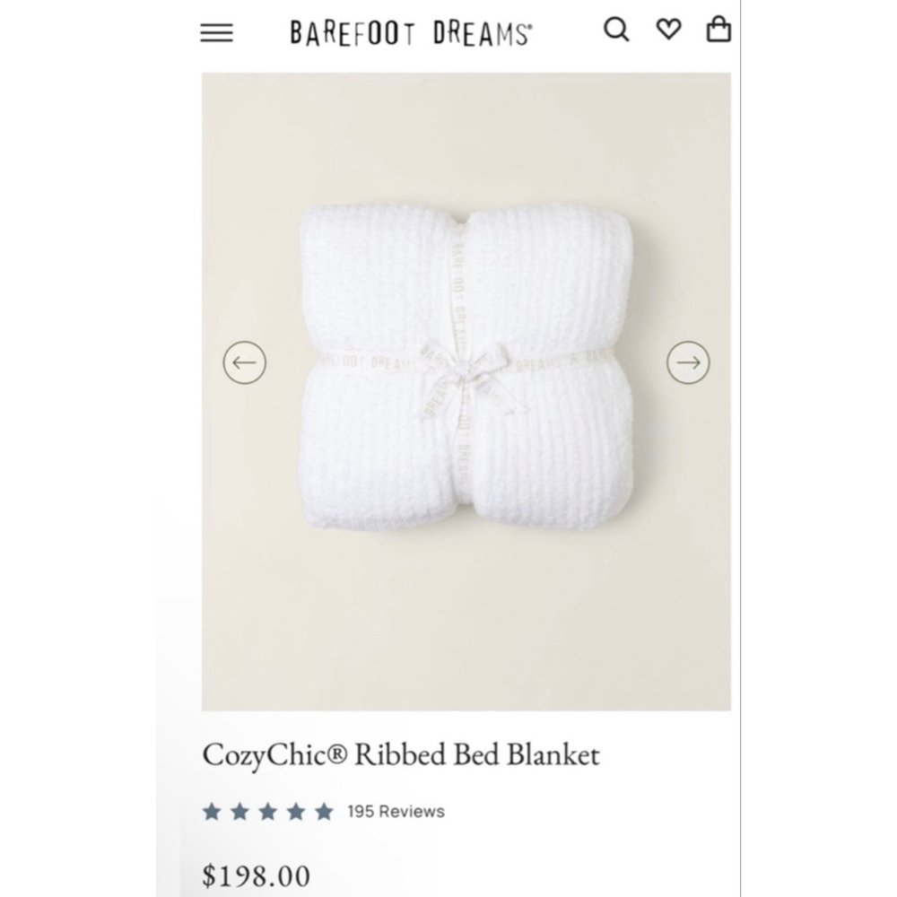 New Barefoot Dreams Queen CozyChic Ribbed Bed Blanket in White